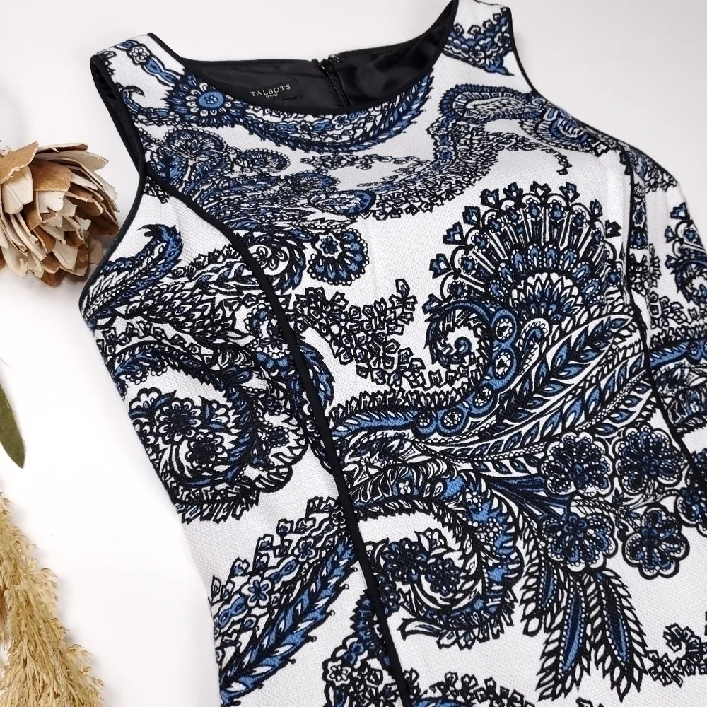 Talbots White Blue Black Paisley Modal Blend Dress Size 2p - Picture 3 of 15